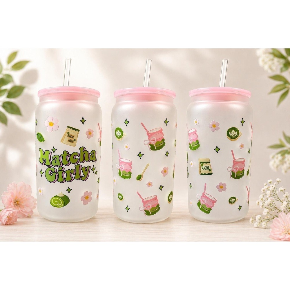 Matcha Girly Glass Tumbler w Lid & Straw | Cute Iced Coffee Cup‎ 16oz